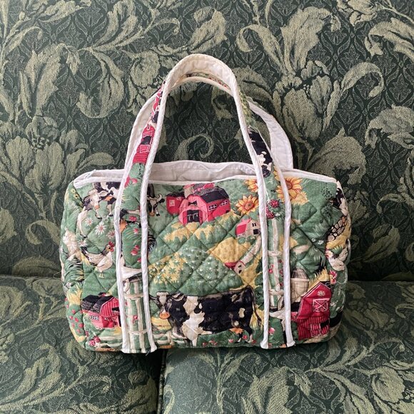 Vintage 90s Soft Quilted Farm Handbag Cow Chicken Barn Cottagecore - Picture 3 of 3